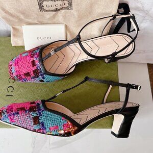 Gucci Marmont 55mm Tweed T-strap Pumps Pink/ Blue/ Black Size EU 39